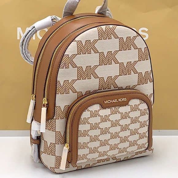 MICHAEL KORS Jaycee Medium Zip PKT Logo Jacquard Backpack LUGGAGE COLOR - Picture 1 of 16